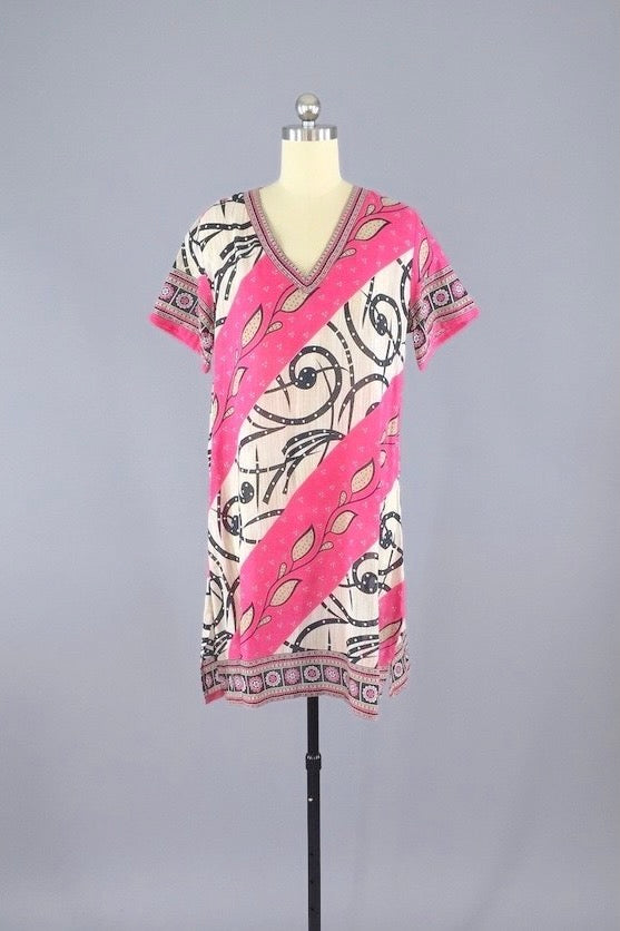 Kaftan Dress / Vintage Indian Cotton Sari / Pink Swim Coverup Tunic-ThisBlueBird