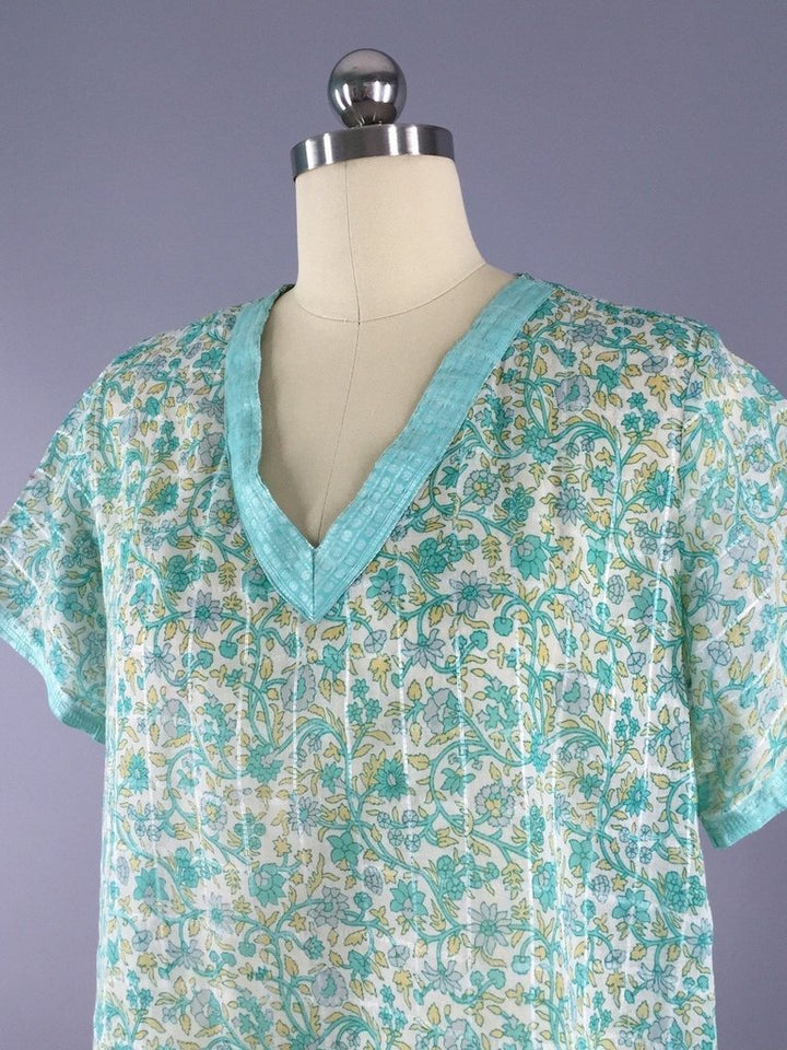 Mint Green Floral Print Caftan Tunic made from a Vintage Indian Cotton Sari - ThisBlueBird