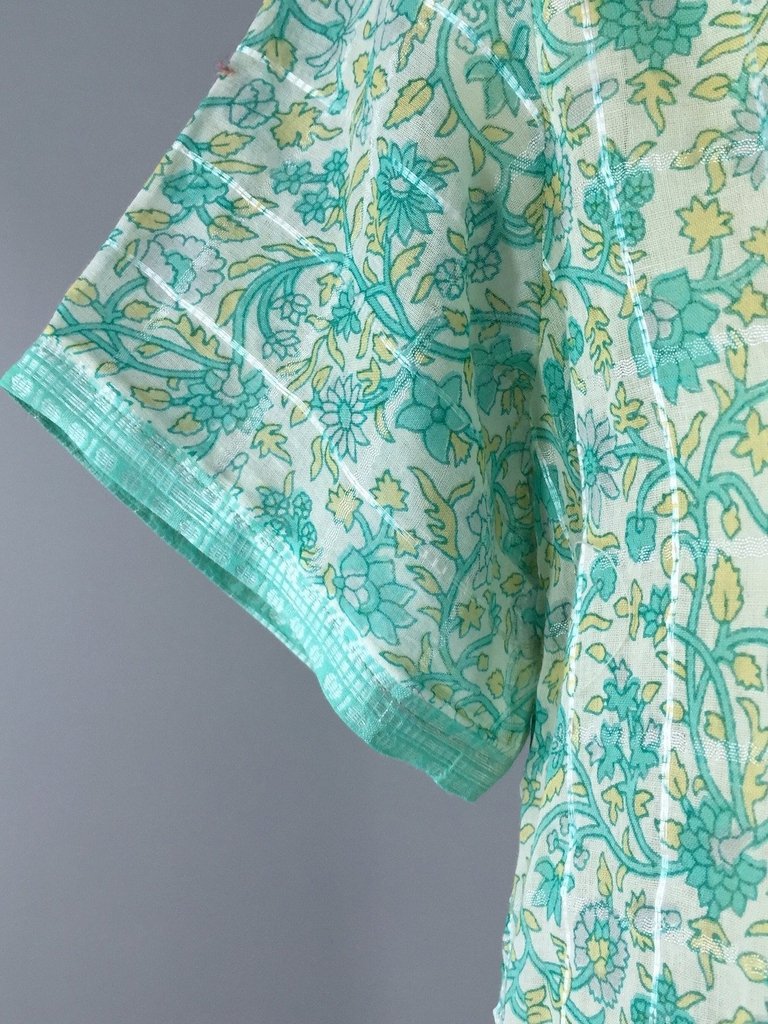 Mint Green Floral Print Caftan Tunic made from a Vintage Indian Cotton Sari - ThisBlueBird