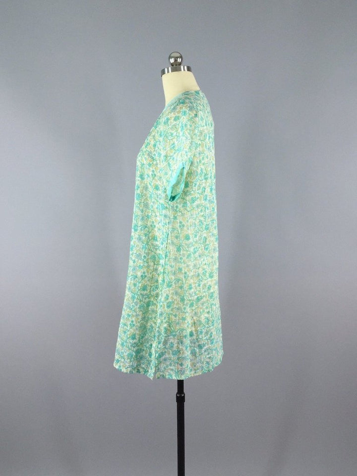 Mint Green Floral Print Caftan Tunic made from a Vintage Indian Cotton Sari - ThisBlueBird
