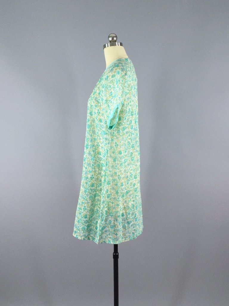 Mint Green Floral Print Caftan Tunic made from a Vintage Indian Cotton Sari - ThisBlueBird
