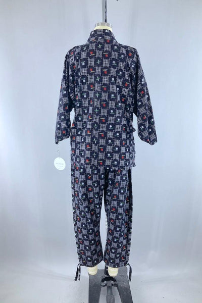Navy Blue Ikat Cotton Kimono Top & Pants Set-ThisBlueBird