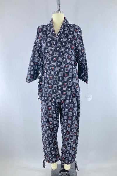 Navy Blue Ikat Cotton Kimono Top & Pants Set-ThisBlueBird
