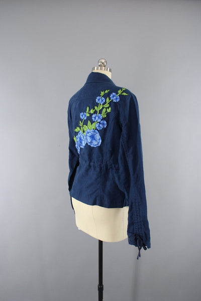 Navy Blue Linen Jacket with Blue Floral Embroidery - ThisBlueBird