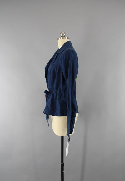 Navy Blue Linen Jacket with Blue Floral Embroidery - ThisBlueBird