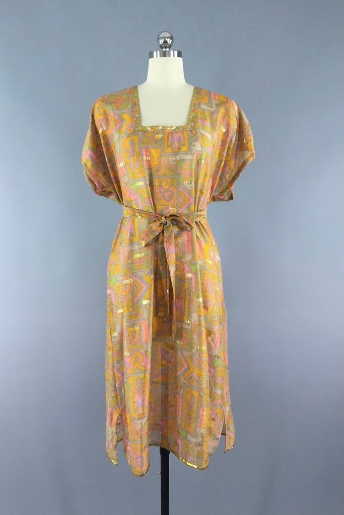Orange Kaftan Dress made from a Vintage Indian Sari-ThisBlueBird