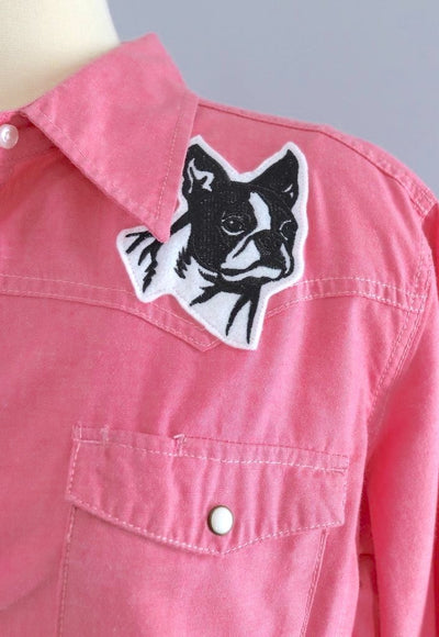 Pink Western Shirt with Embroidered Boston Terrier Dog Patches-ThisBlueBird