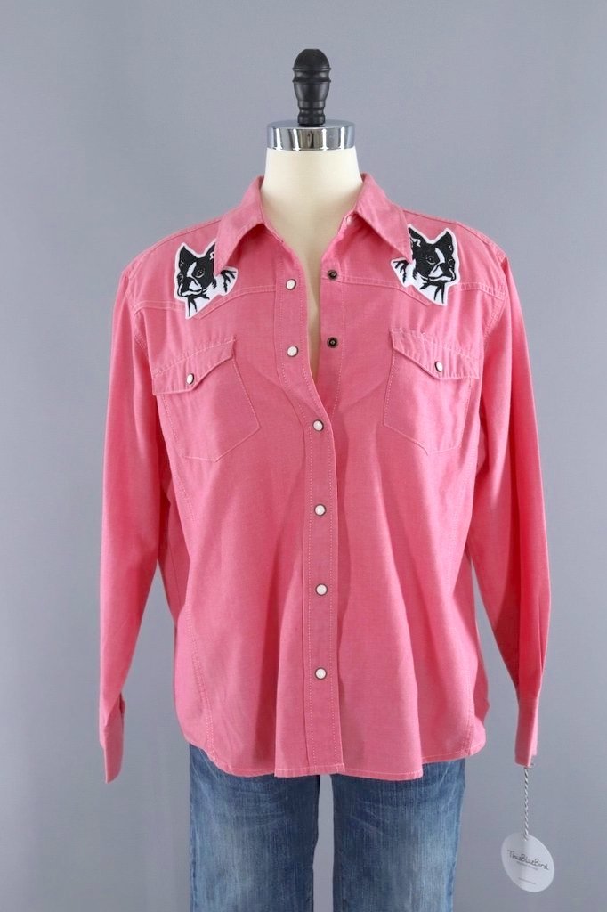 Pink Western Shirt with Embroidered Boston Terrier Dog Patches-ThisBlueBird