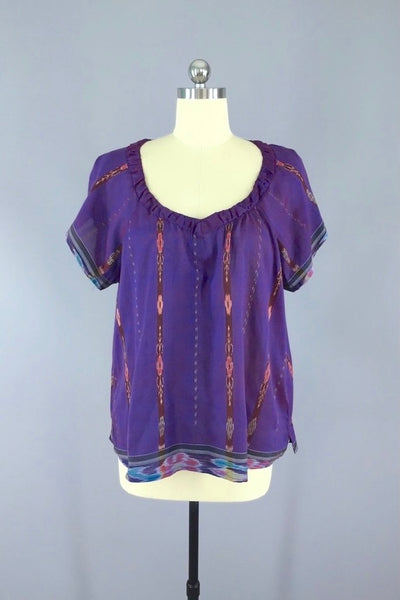 Purple Ikat Indian T-Shirt made from a Vintage Indian Sari-ThisBlueBird