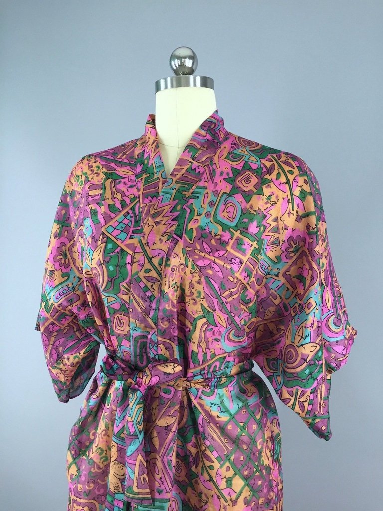 Raw Silk Sari Robe / Pink Orange Abstract Print - ThisBlueBird