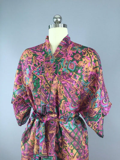 Raw Silk Sari Robe / Pink Orange Abstract Print - ThisBlueBird