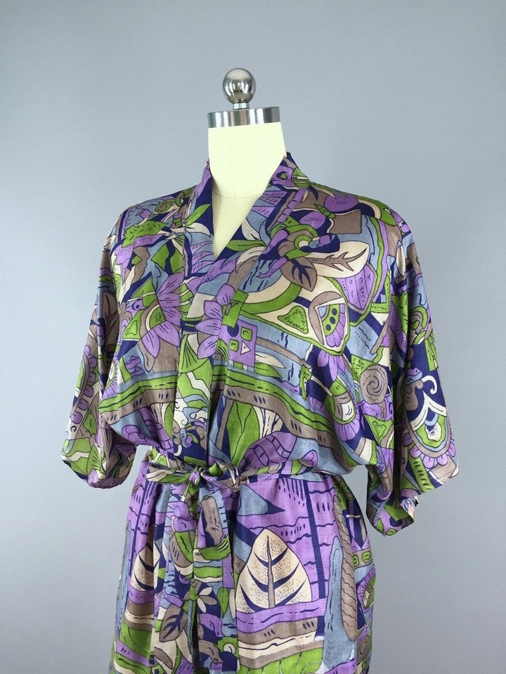 Raw Silk Sari Robe / Purple &amp; Grey Art Deco - ThisBlueBird