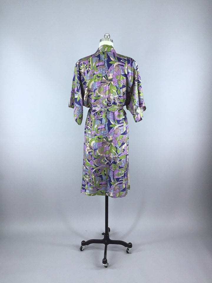 Raw Silk Sari Robe / Purple &amp; Grey Art Deco - ThisBlueBird
