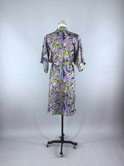 Raw Silk Sari Robe / Purple & Grey Art Deco - ThisBlueBird