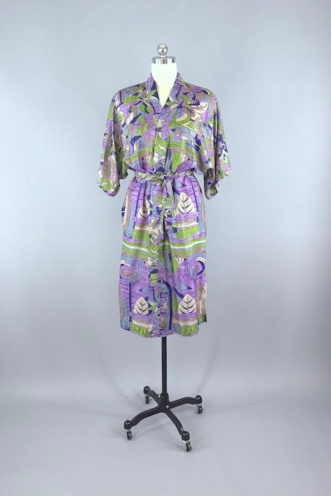 Raw Silk Sari Robe / Purple & Grey Art Deco-ThisBlueBird