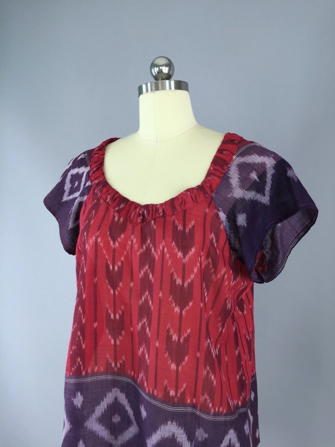 Red and Purple Ikat Indian Cotton Blouse made from a Vintage Indian Sari - ThisBlueBird