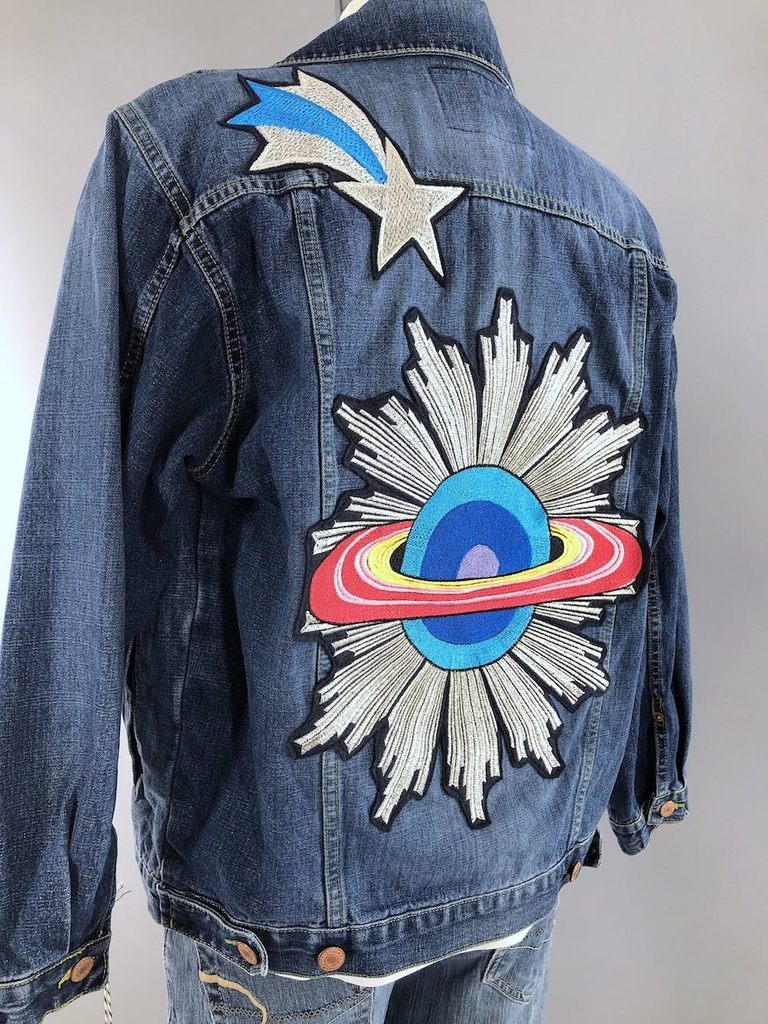 Saturn Shooting Star Embroidered Patch Denim Jean Jacket-ThisBlueBird - Modern Vintage