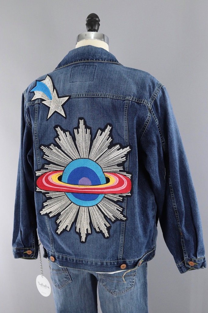 Saturn Shooting Star Embroidered Patch Denim Jean Jacket-ThisBlueBird - Modern Vintage