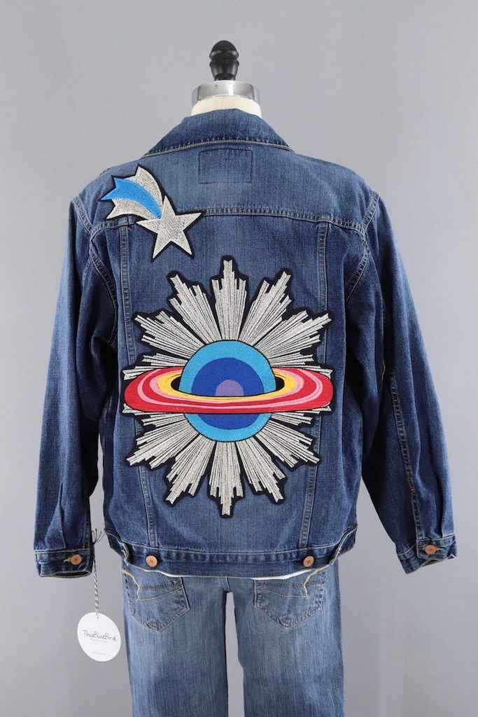 Saturn Shooting Star Embroidered Patch Denim Jean Jacket-ThisBlueBird - Modern Vintage