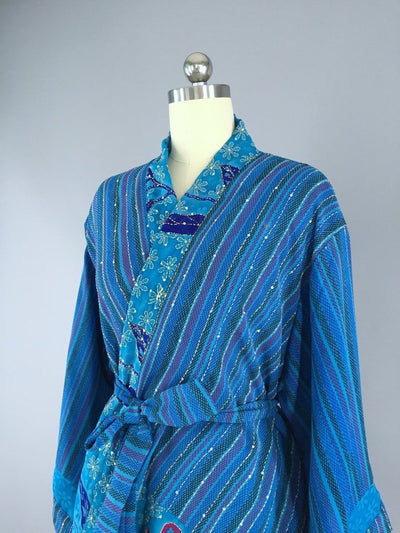 Silk Kimono Cardigan Jacket / Vintage Indian Sari / Ocean Blue Floral - ThisBlueBird