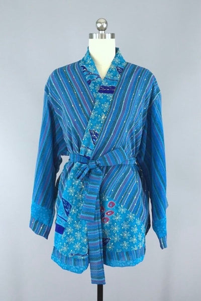 Ocean Blue Indian Silk Sari Kimono Cardigan Jacket-ThisBlueBird
