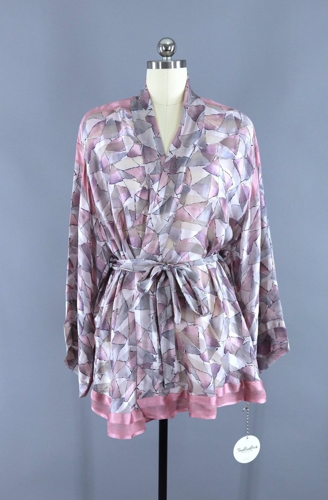 Silk Kimono Cardigan / Vintage Indian Sari / Art Deco Pink &amp; Grey - ThisBlueBird