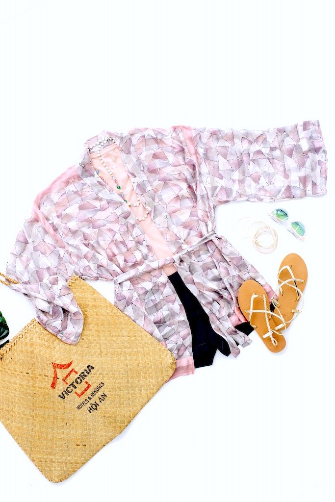 Silk Sari Kimono Cardigan / Pastel Pink &amp; Grey-ThisBlueBird - Modern Vintage