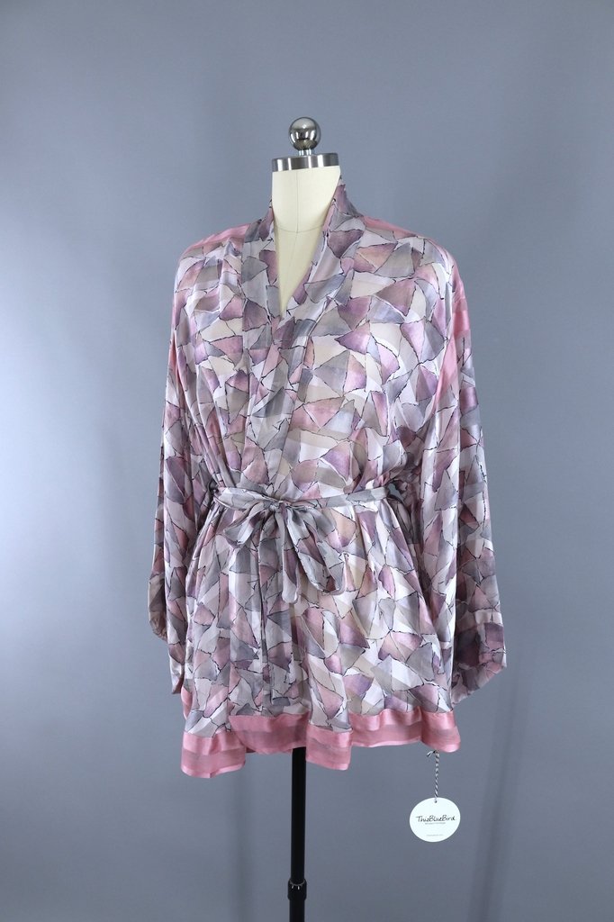 Silk Kimono Cardigan / Vintage Indian Sari / Art Deco Pink &amp; Grey - ThisBlueBird