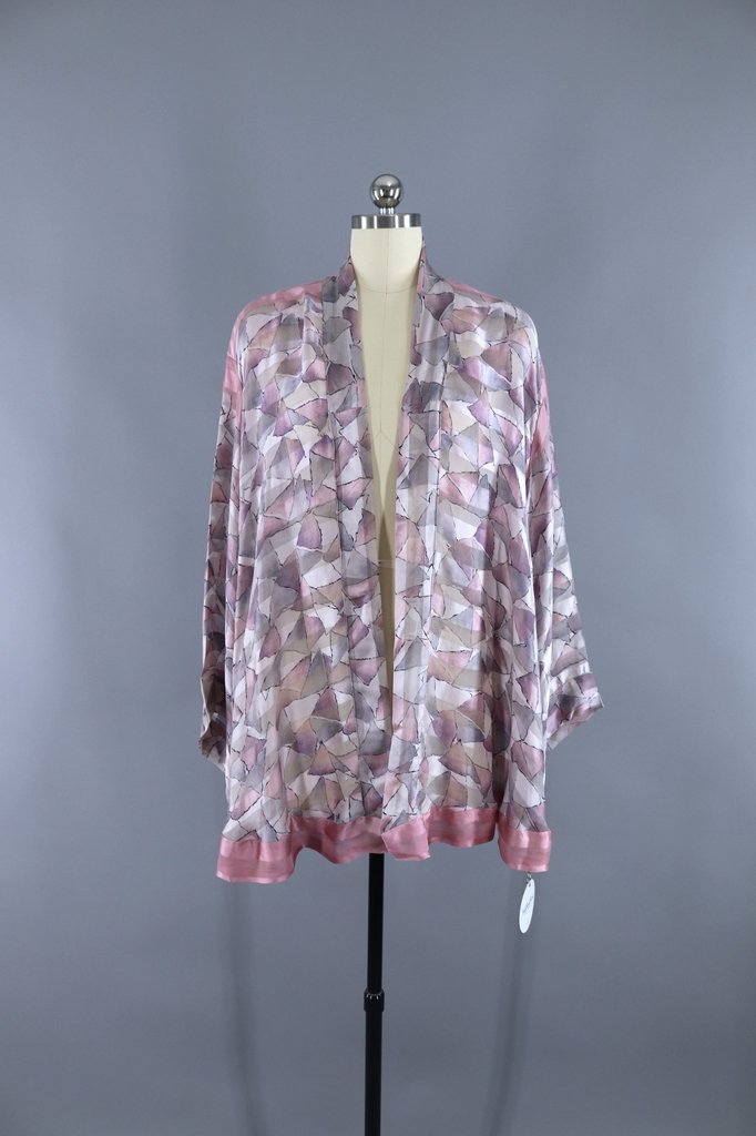 Silk Kimono Cardigan / Vintage Indian Sari / Art Deco Pink &amp; Grey - ThisBlueBird