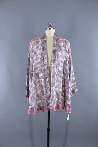 Silk Kimono Cardigan / Vintage Indian Sari / Art Deco Pink & Grey - ThisBlueBird