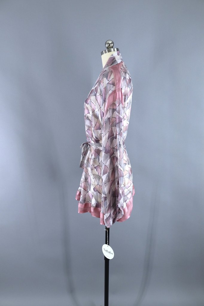 Silk Kimono Cardigan / Vintage Indian Sari / Art Deco Pink &amp; Grey - ThisBlueBird