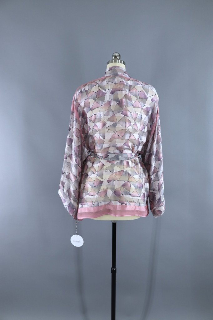 Silk Kimono Cardigan / Vintage Indian Sari / Art Deco Pink &amp; Grey - ThisBlueBird