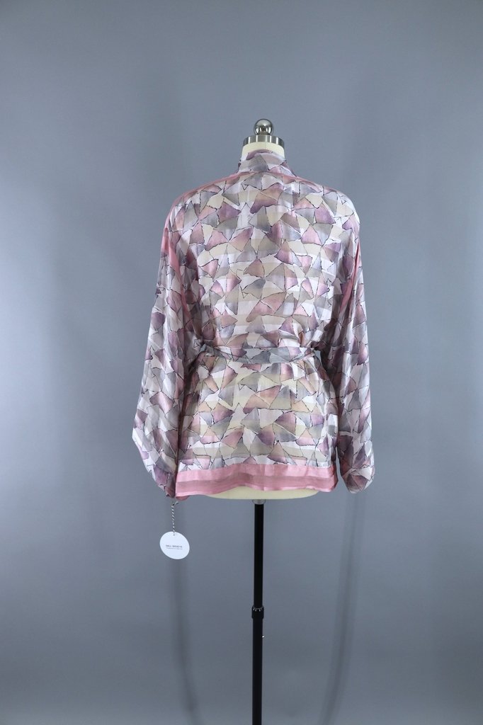 Silk Kimono Cardigan / Vintage Indian Sari / Art Deco Pink & Grey - ThisBlueBird