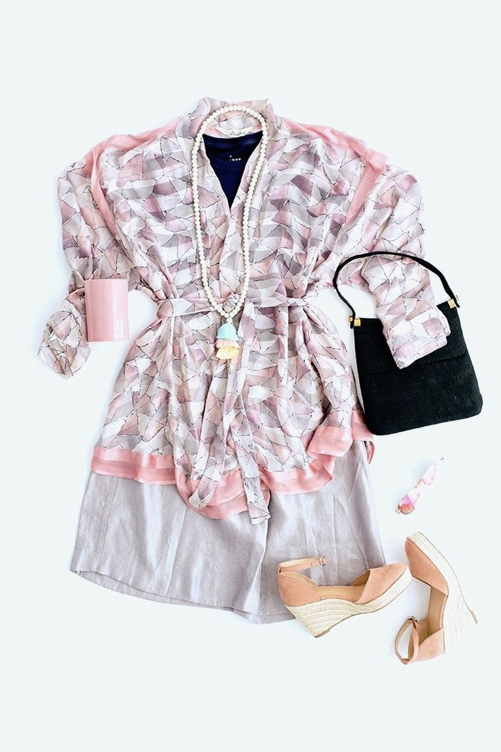 Silk Sari Kimono Cardigan / Pastel Pink &amp; Grey-ThisBlueBird - Modern Vintage