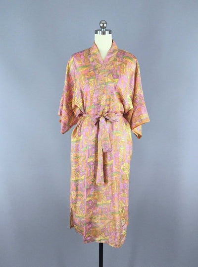 Silk Sari Robe / Pink-Orange Abstract Floral Print - ThisBlueBird