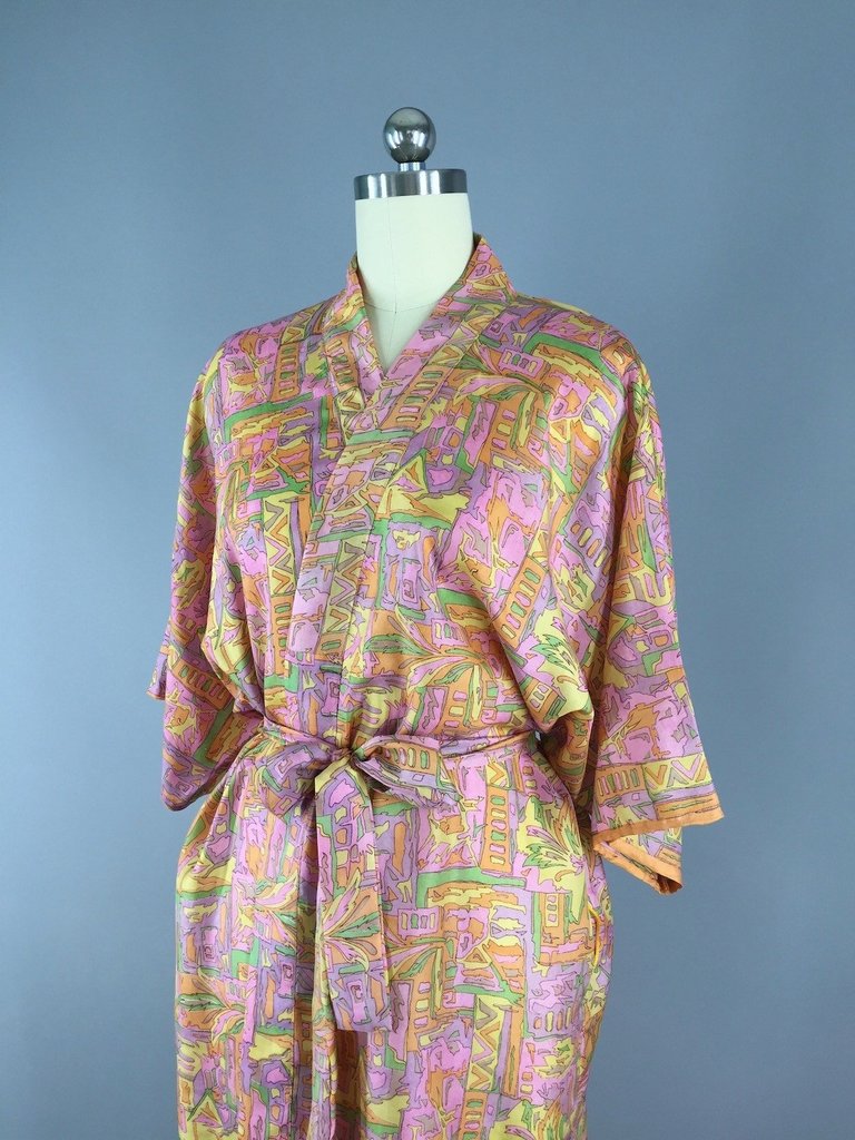Silk Sari Robe / Pink-Orange Abstract Floral Print - ThisBlueBird