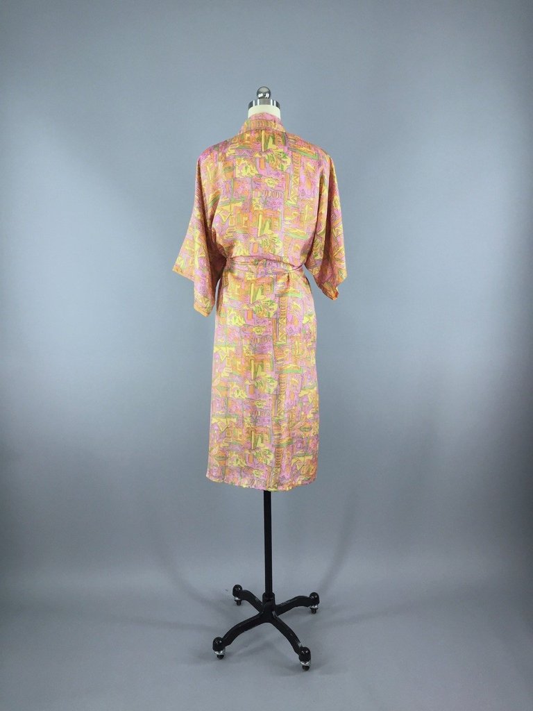 Silk Sari Robe / Pink-Orange Abstract Floral Print - ThisBlueBird