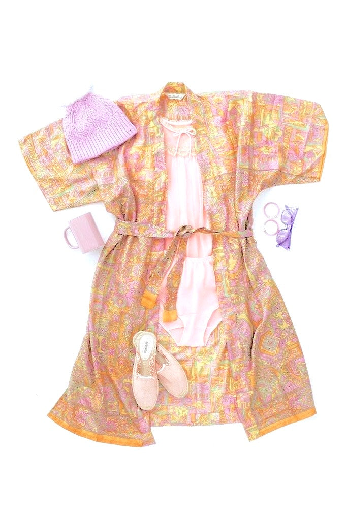 Silk Sari Robe / Pink-Orange Abstract Floral Print-ThisBlueBird