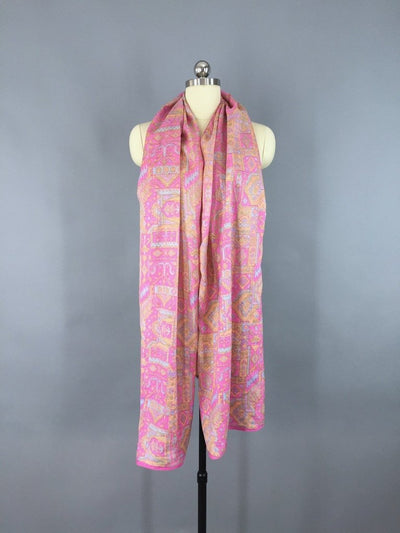 Silk Sari Scarf / Vintage Indian Silk Sari / Pink Abstract Print - ThisBlueBird
