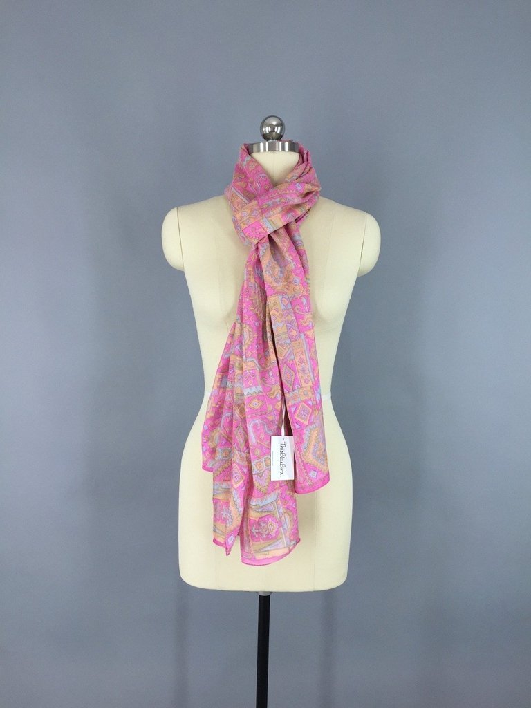 Silk Sari Scarf / Vintage Indian Silk Sari / Pink Abstract Print - ThisBlueBird