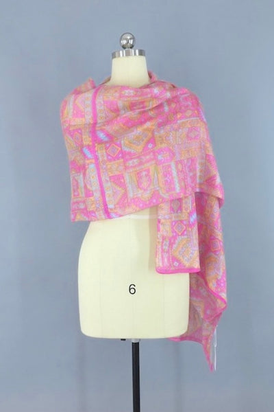 Silk Sari Scarf / Vintage Indian Silk Sari / Pink Abstract Print-ThisBlueBird