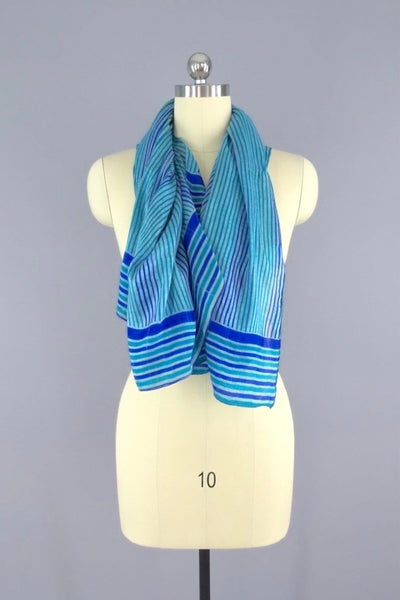 Silk Sari Scarf / Vintage Indian Silk Sari / Square Blue Stripes-ThisBlueBird