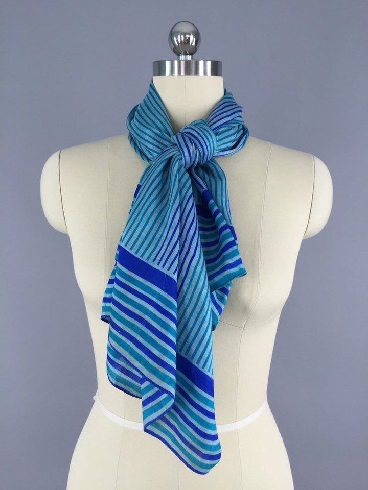 Silk Sari Scarf /  Vintage Indian Silk Sari / Square Blue Stripes - ThisBlueBird