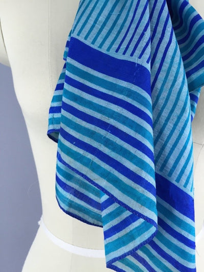 Silk Sari Scarf /  Vintage Indian Silk Sari / Square Blue Stripes - ThisBlueBird