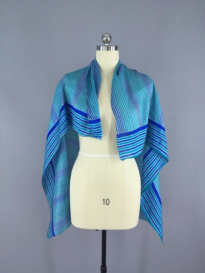 Silk Sari Scarf /  Vintage Indian Silk Sari / Square Blue Stripes - ThisBlueBird