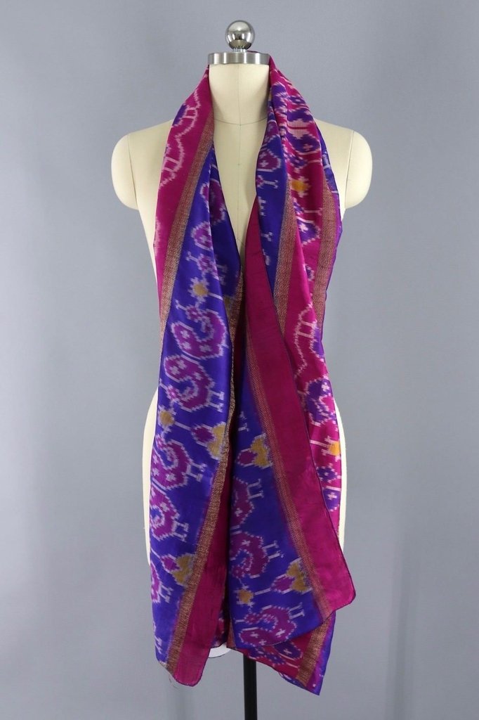 Silk Sari Scarf Wrap / Purple and Pink Peacocks - ThisBlueBird
