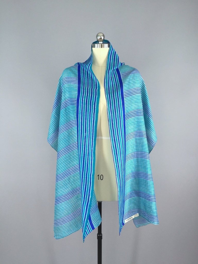 Silk Sari Scarf Wrap / Vintage Indian Sari / Long Aqua Blue Stripes - ThisBlueBird