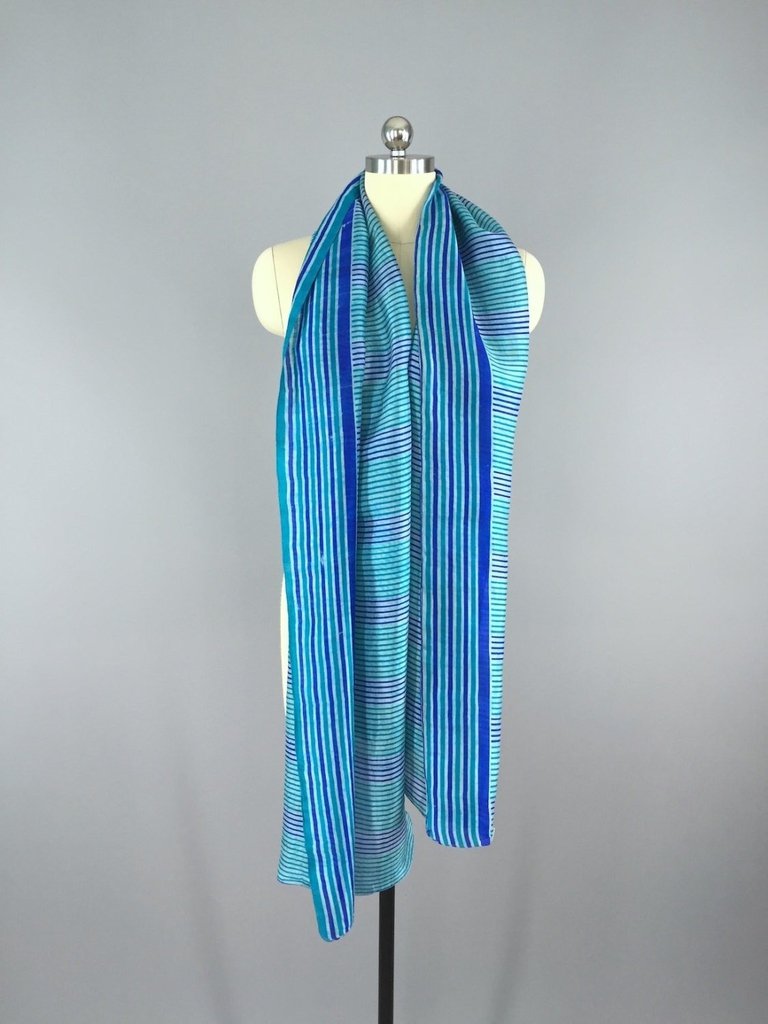 Silk Sari Scarf Wrap / Vintage Indian Sari / Long Aqua Blue Stripes - ThisBlueBird
