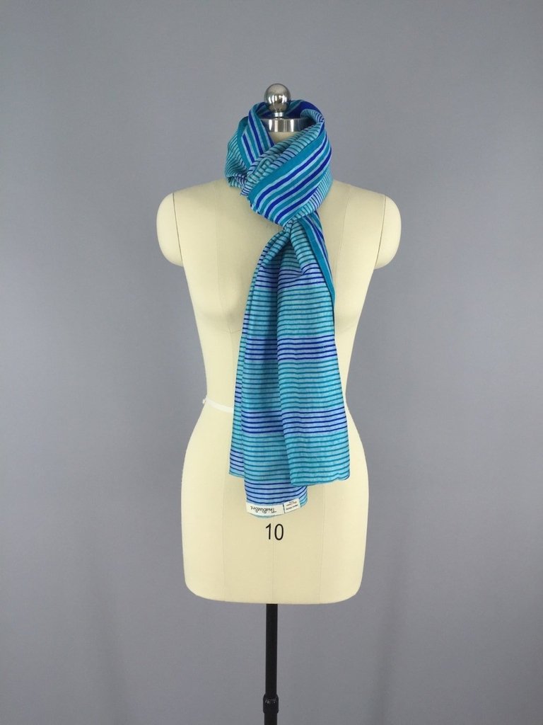 Silk Sari Scarf Wrap / Vintage Indian Sari / Long Aqua Blue Stripes - ThisBlueBird