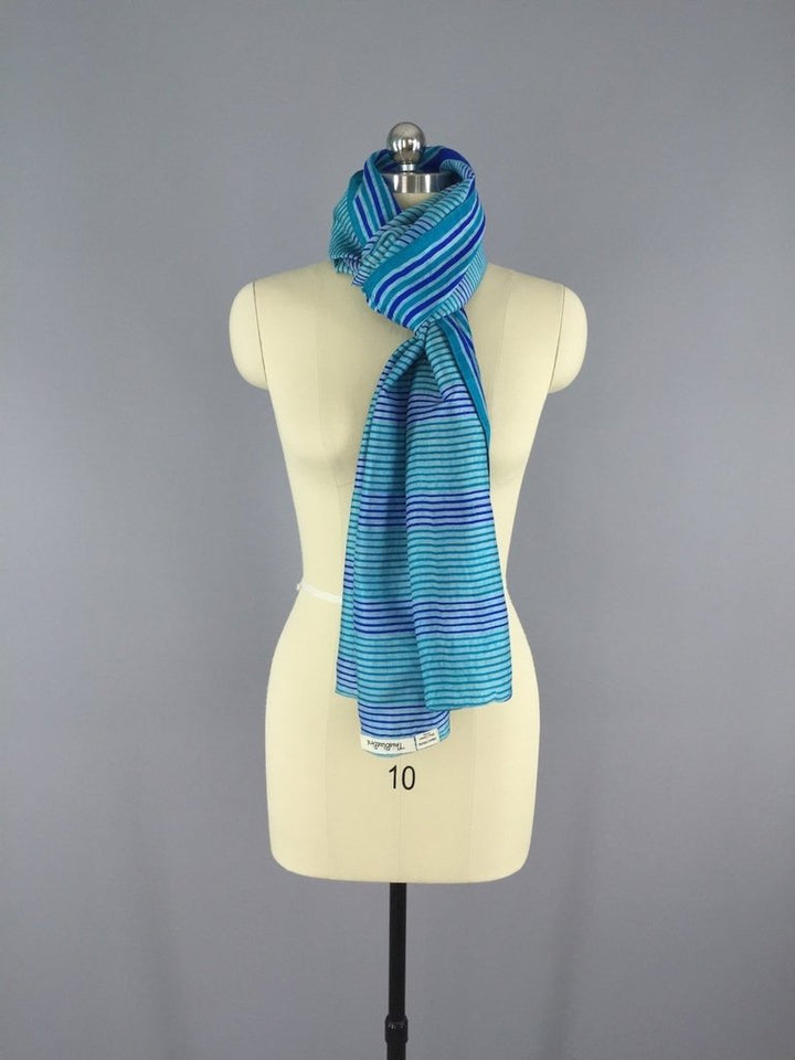 Silk Sari Scarf Wrap / Vintage Indian Sari / Long Aqua Blue Stripes - ThisBlueBird